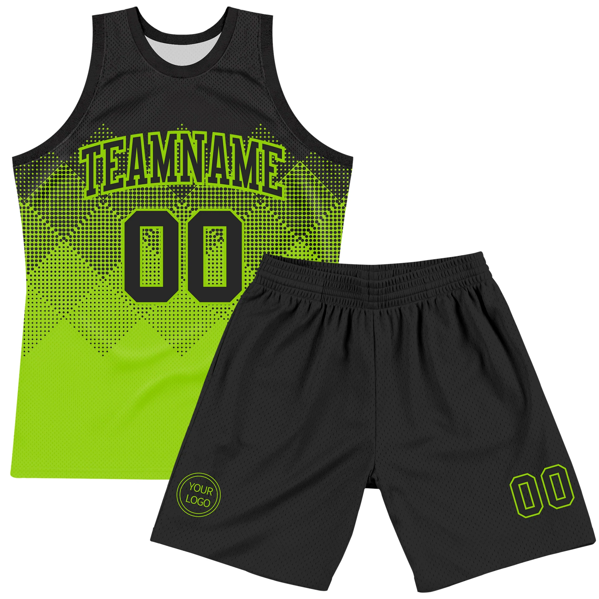 Custom Black Neon Green Gradient Square Shapes Round Neck Sublimation Basketball Suit Jersey - Image 2