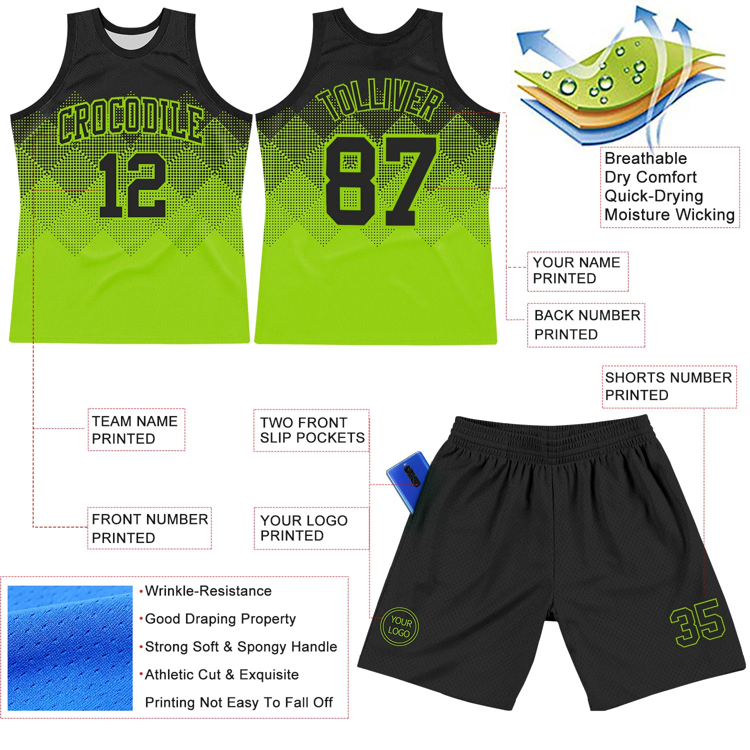Custom Black Neon Green Gradient Square Shapes Round Neck Sublimation Basketball Suit Jersey - Image 3