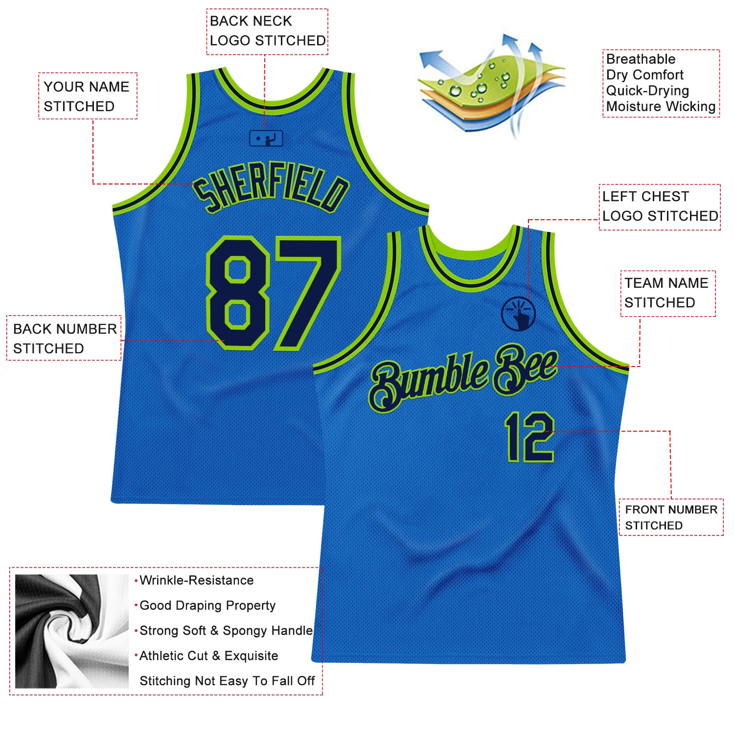 Custom Blue Navy-Neon Green Authentic Throwback Basketball Jersey - Image 2