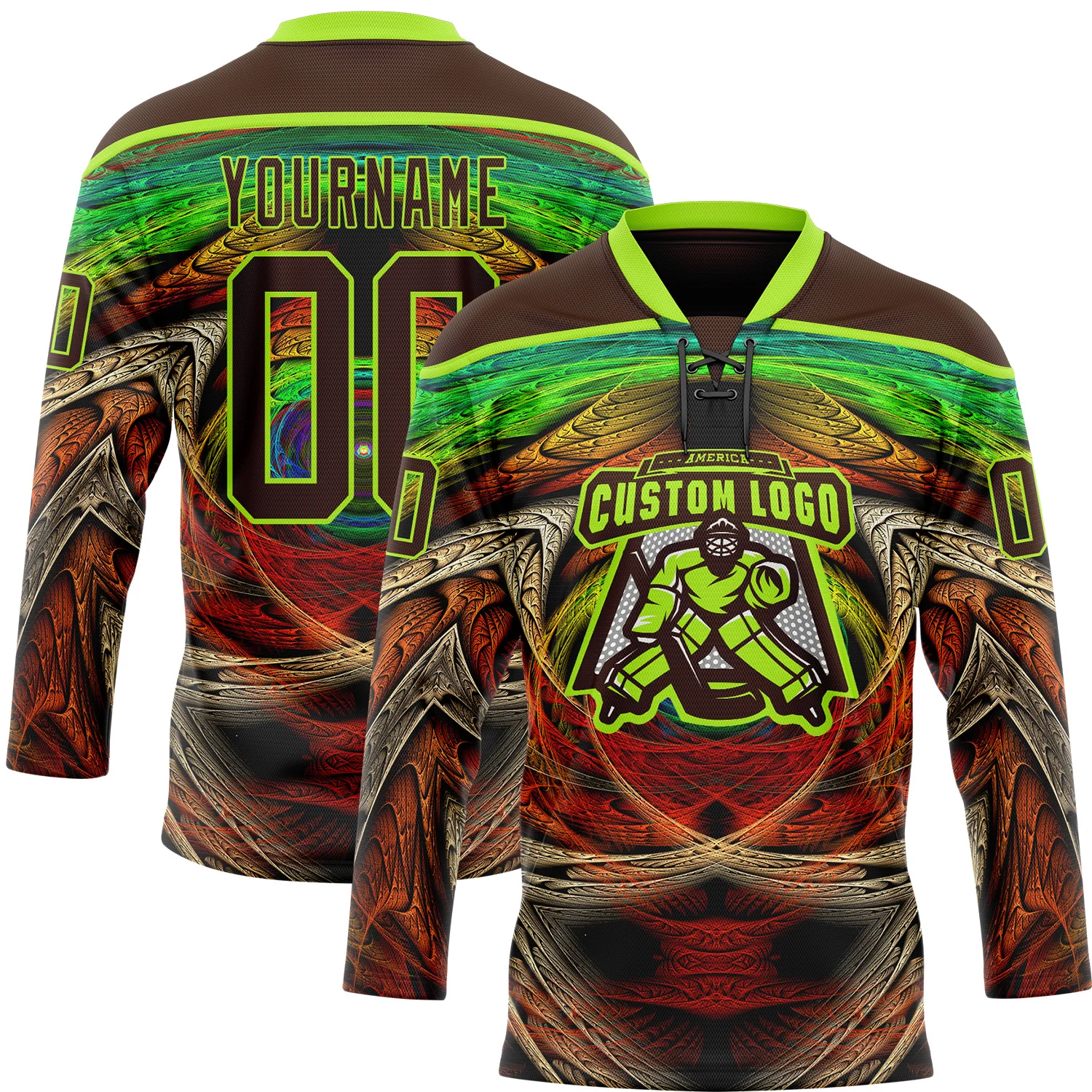 Custom Brown Neon Green Red-Blue Trippy Psychedelic Hockey Lace Neck Jersey - Image 2