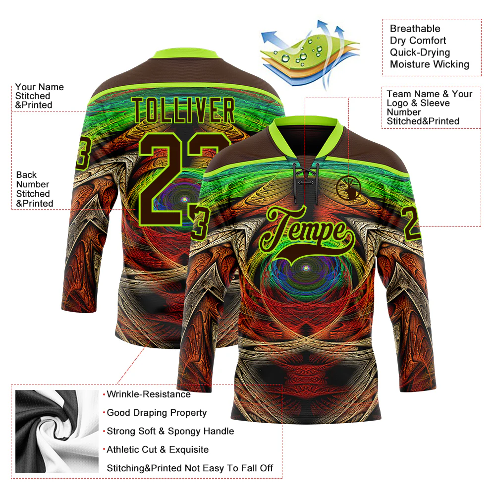 Custom Brown Neon Green Red-Blue Trippy Psychedelic Hockey Lace Neck Jersey - Image 5