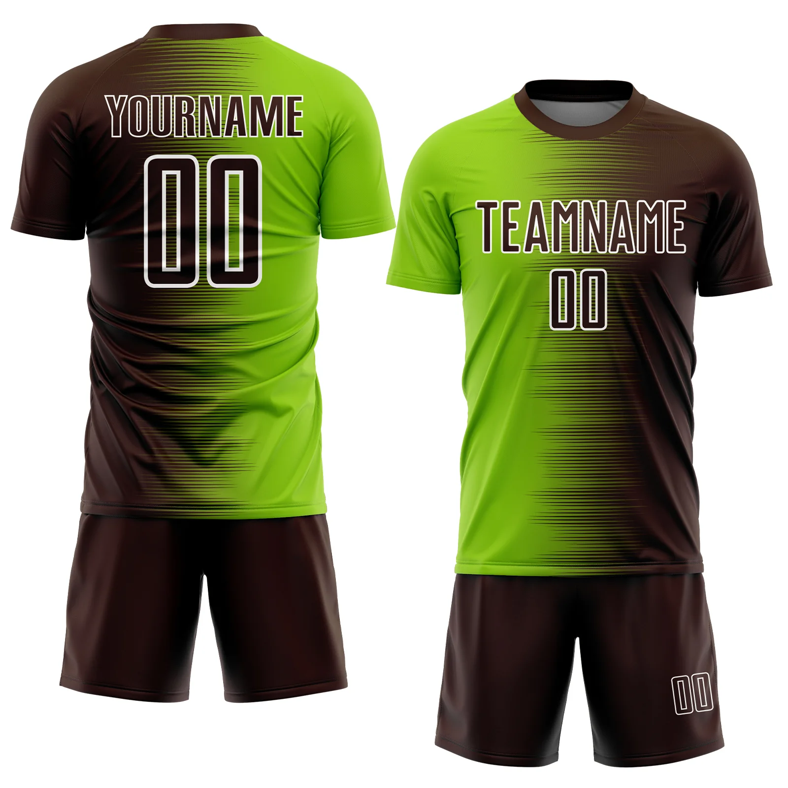 Custom Brown Neon Green-White Gradient Line Sublimation Soccer Uniform Jersey - Image 2