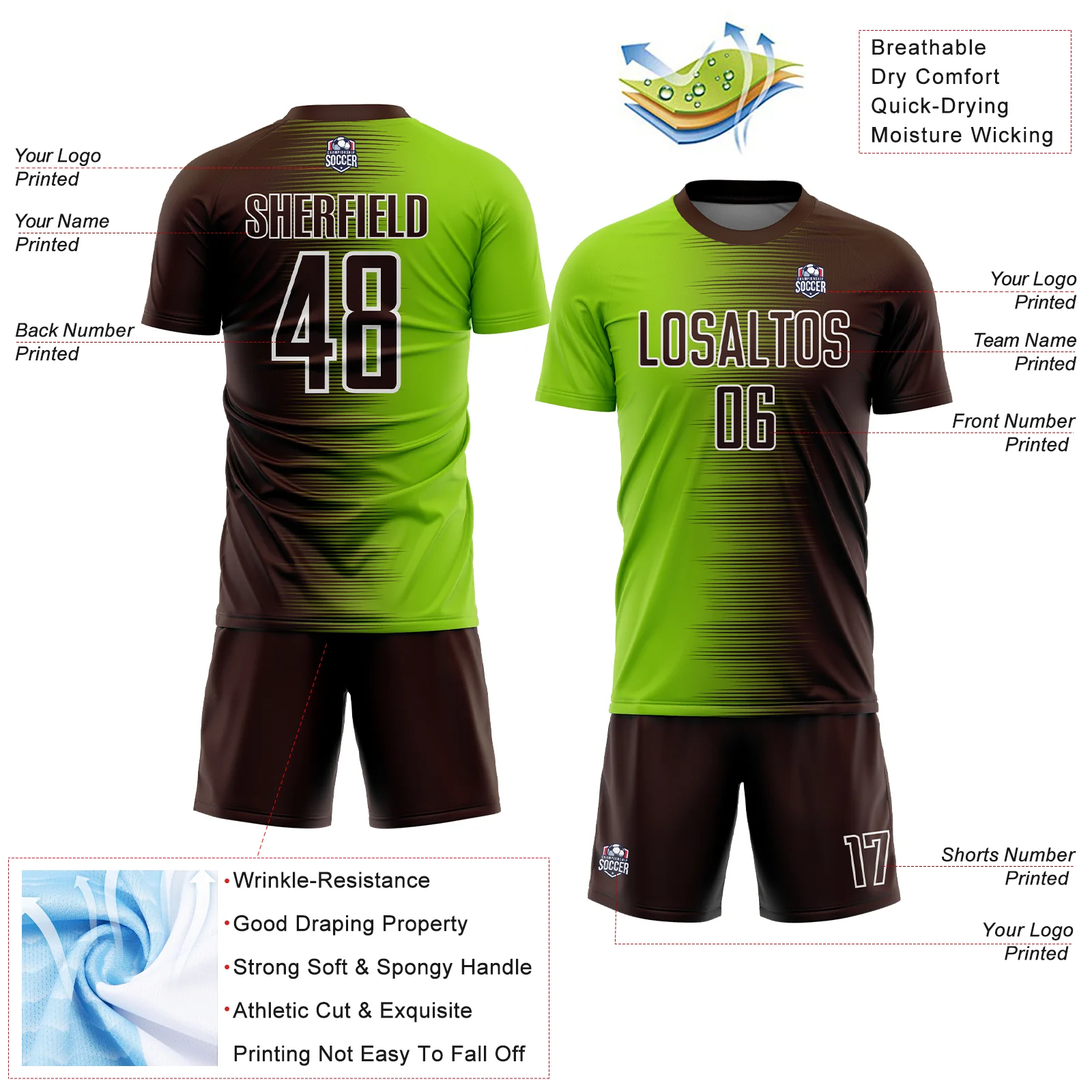 Custom Brown Neon Green-White Gradient Line Sublimation Soccer Uniform Jersey - Image 4