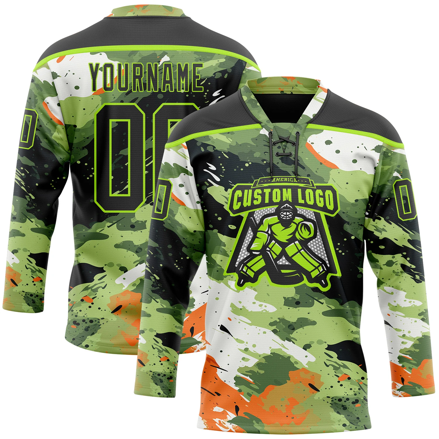 Custom Camo Black-Neon Green 3D Camouflage Hockey Lace Neck Jersey - Image 2