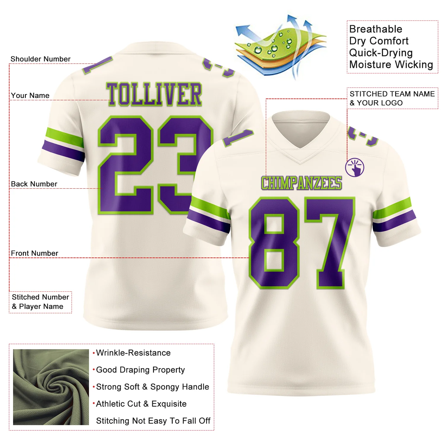 Custom Cream Purple-Neon Green Authentic Football Jersey - Image 3