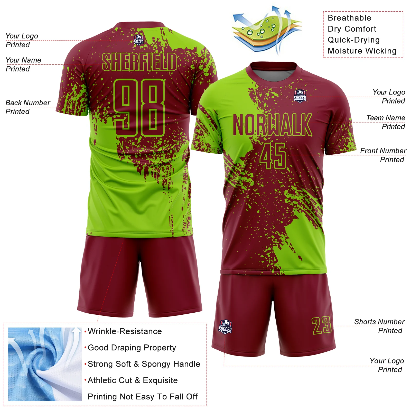 Custom Crimson Neon Green Abstract Brush Stroke Sports Sublimation Soccer Uniform Jersey - Image 4