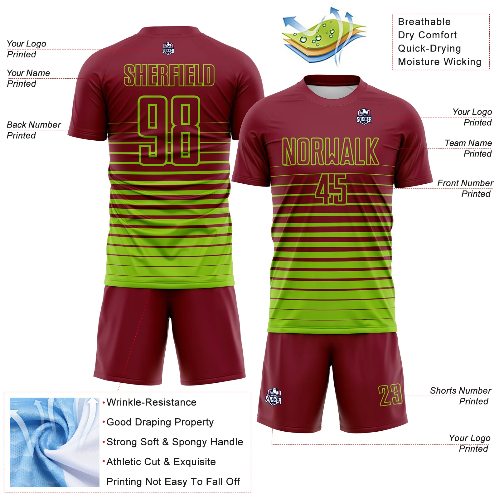 Custom Crimson Neon Green Gradient Pinstripe Sublimation Soccer Uniform Jersey - Image 4