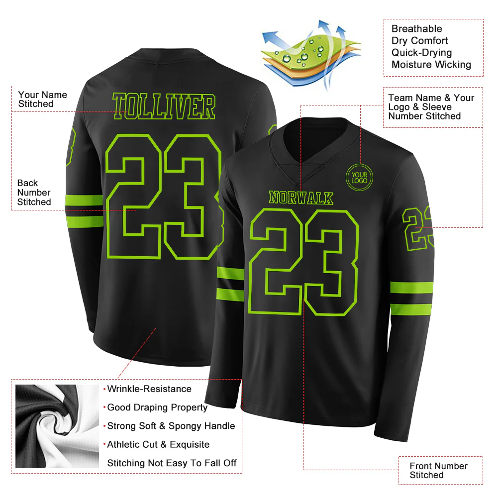 Custom Black Neon Green Long Sleeve Authentic Football Jersey - Image 2