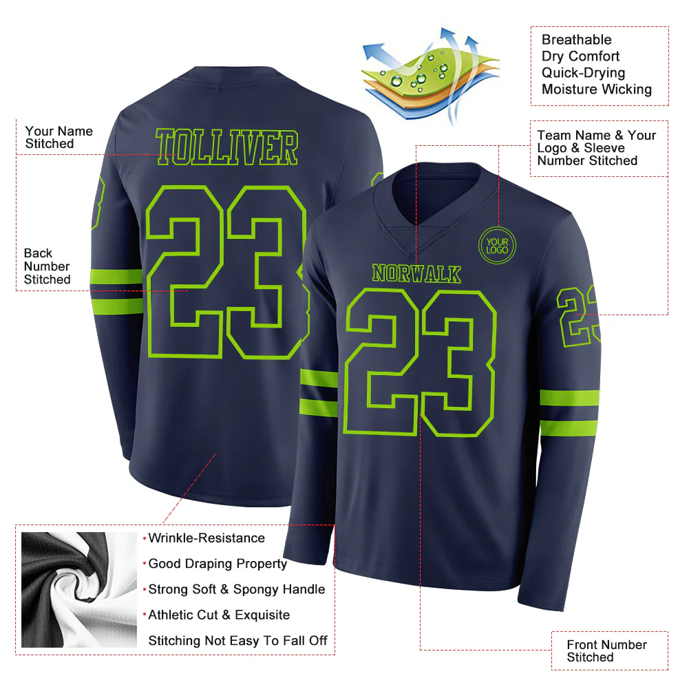 Custom Navy Neon Green Long Sleeve Authentic Football Jersey - Image 2