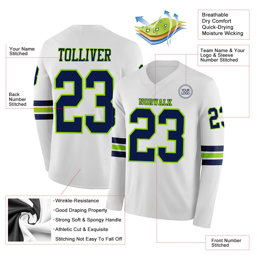 Custom White Navy-Neon Green Long Sleeve Authentic Football Jersey - Image 2