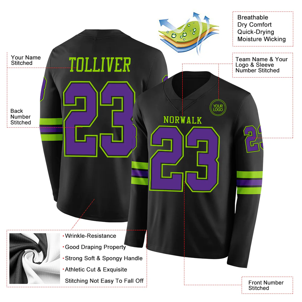 Custom Black Purple-Neon Green Long Sleeve Authentic Football Jersey - Image 2