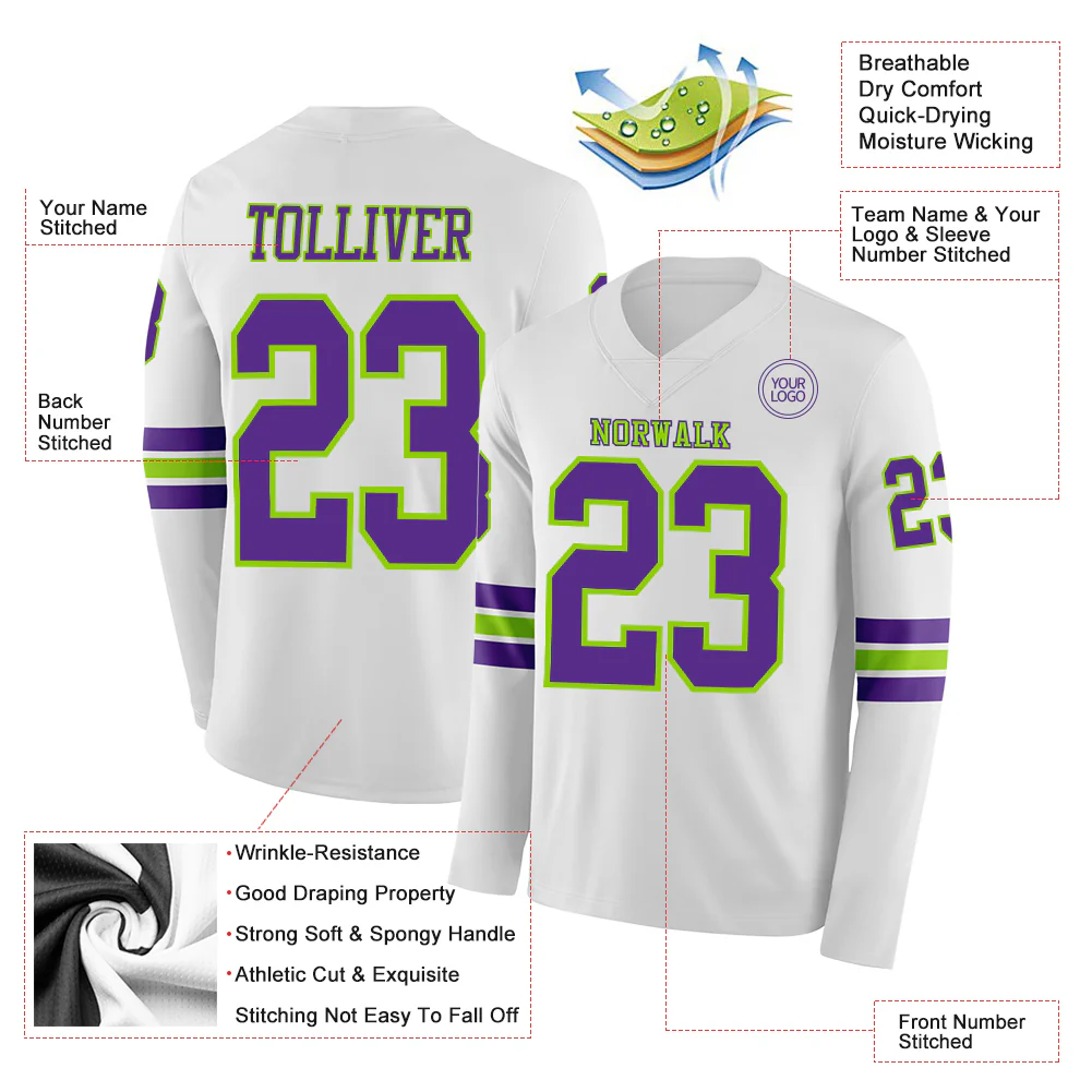 Custom White Purple-Neon Green Long Sleeve Authentic Football Jersey - Image 2