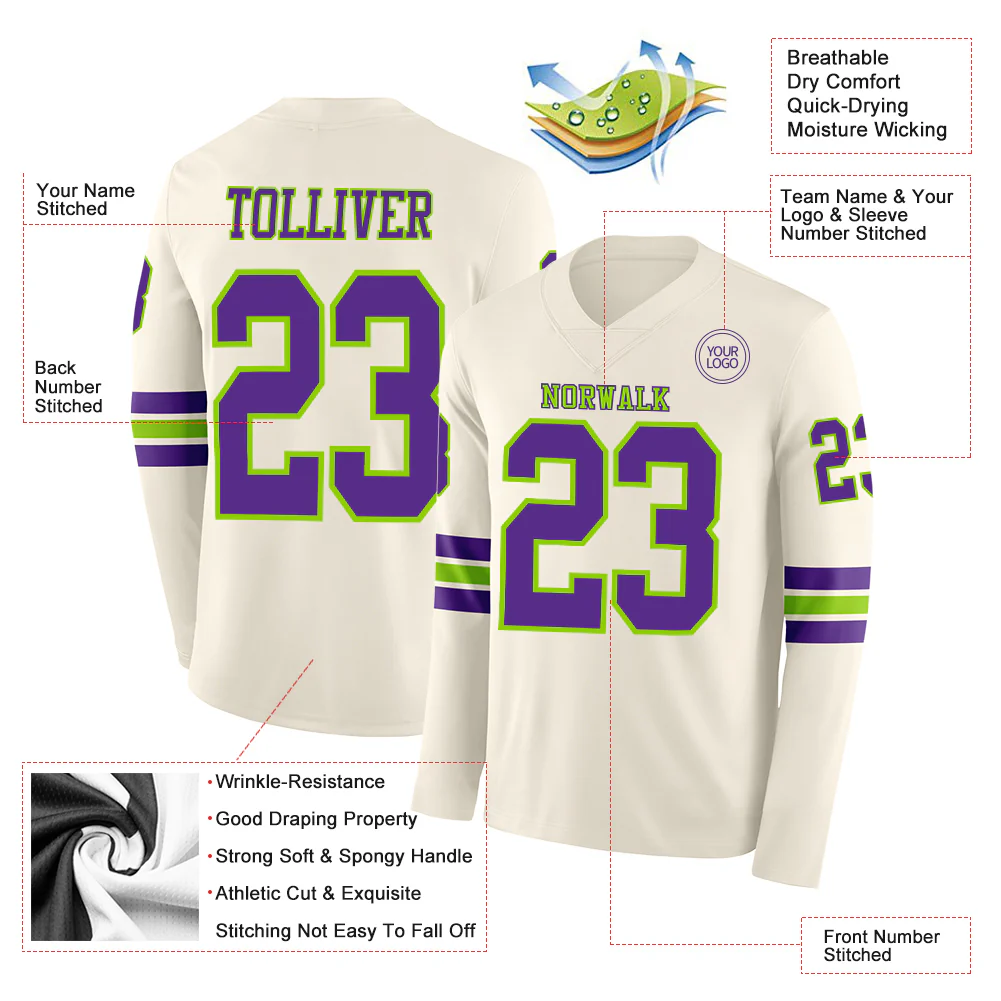 Custom Cream Purple-Neon Green Long Sleeve Authentic Football Jersey - Image 2