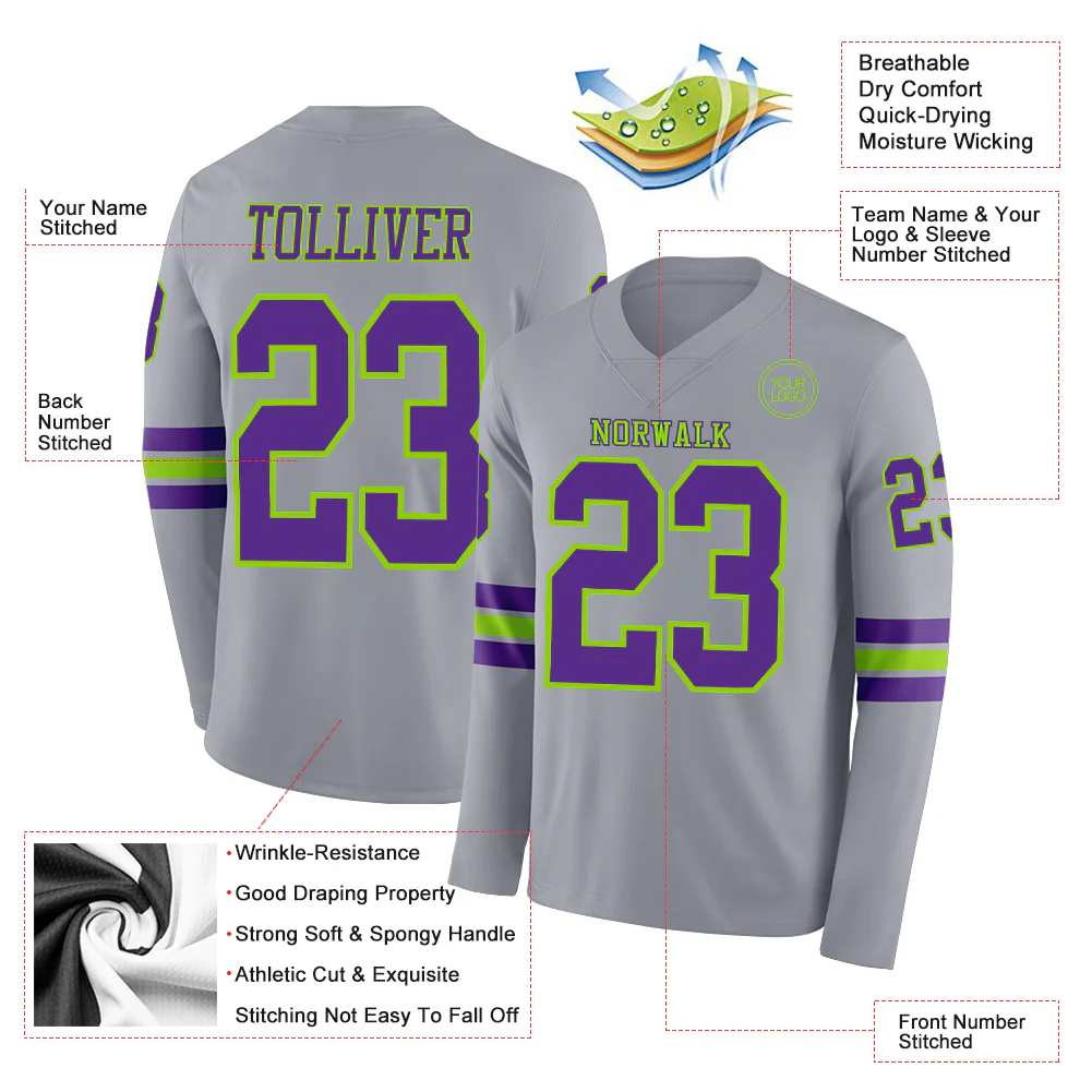 Custom Gray Purple-Neon Green Long Sleeve Authentic Football Jersey - Image 2