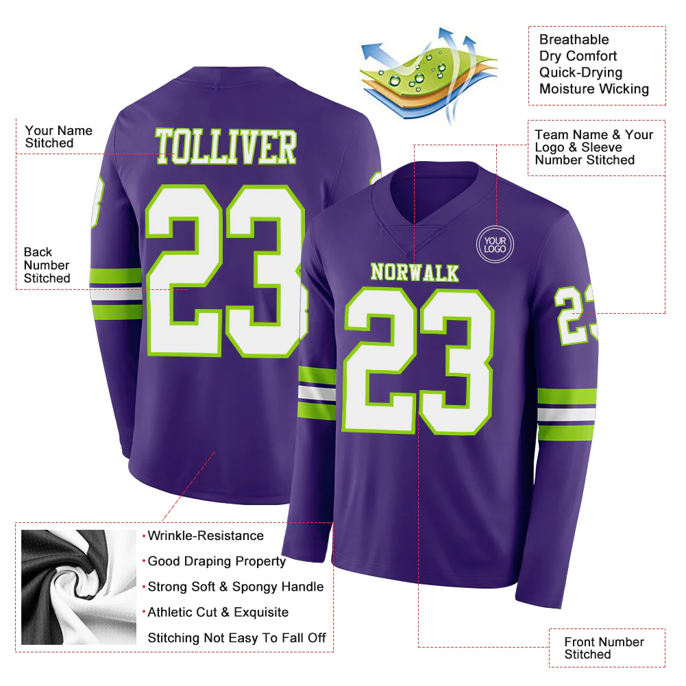 Custom Purple White-Neon Green Long Sleeve Authentic Football Jersey - Image 2