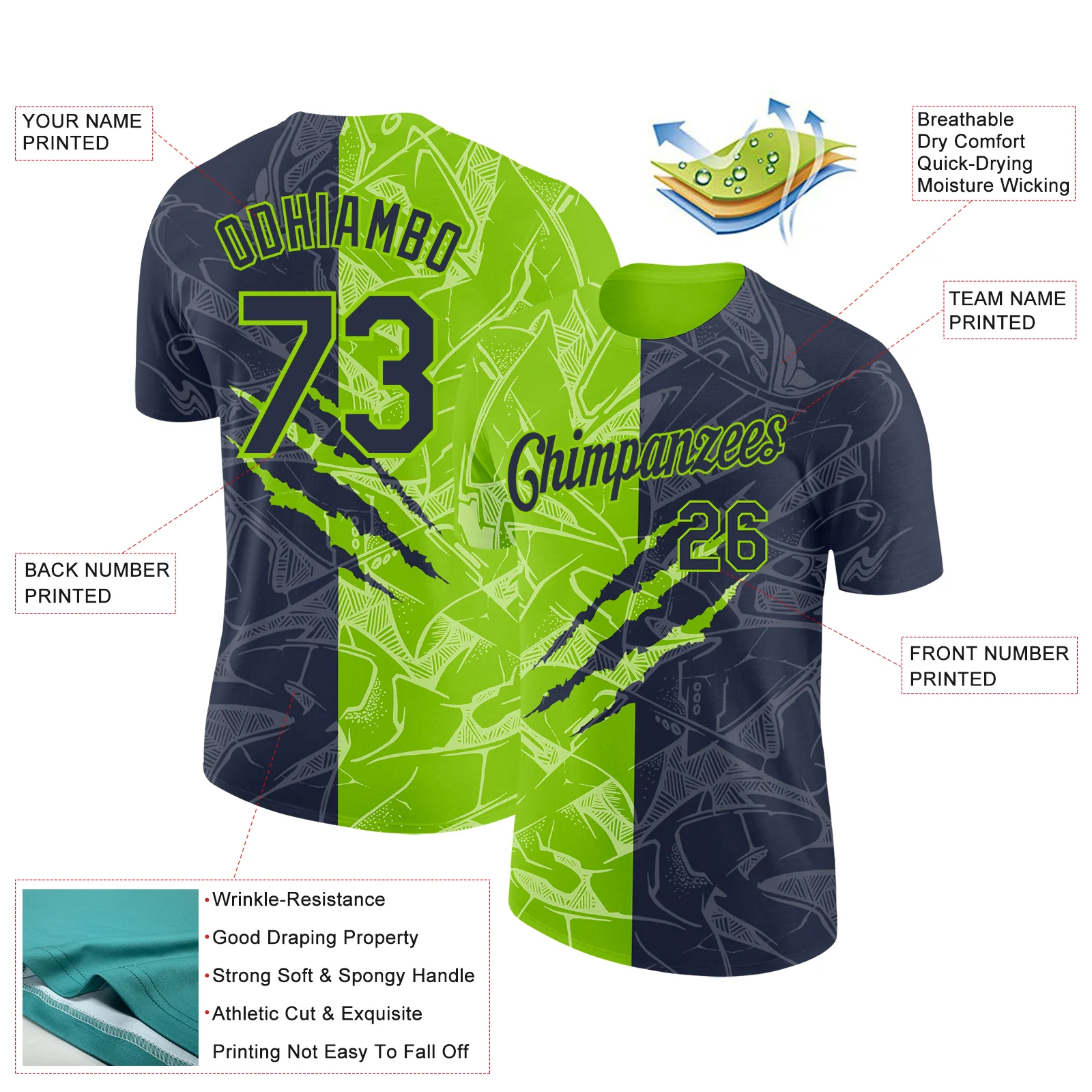 Custom Graffiti Pattern Navy-Neon Green Scratch 3D Performance T-Shirt - Image 2