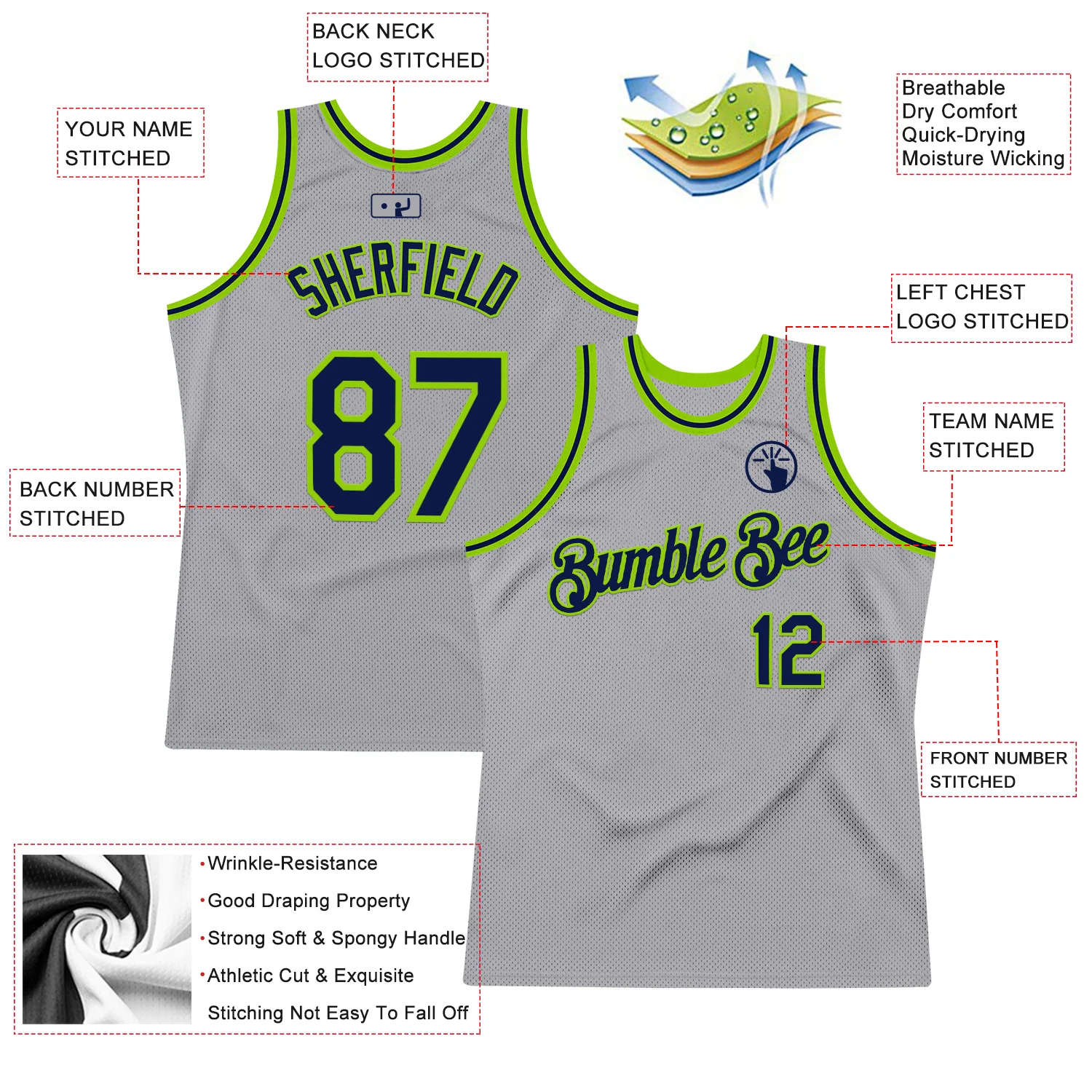 Custom Gray Navy-Neon Green Authentic Throwback Basketball Jersey - Image 2