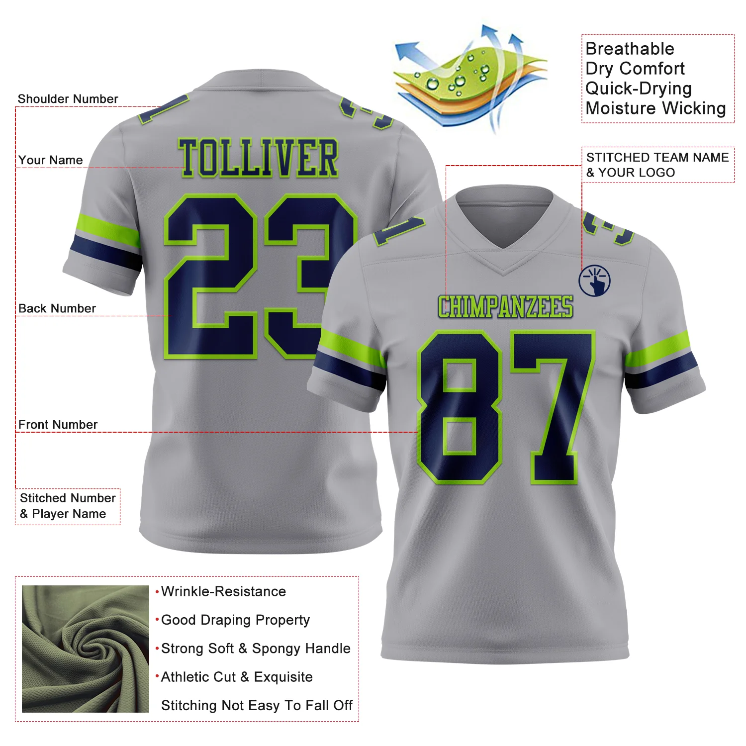 Custom Gray Navy-Neon Green Authentic Football Jersey - Image 3