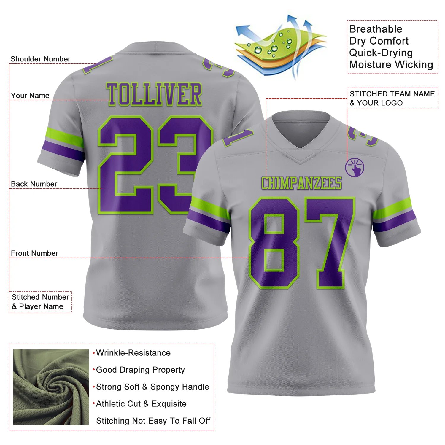 Custom Gray Purple-Neon Green Authentic Football Jersey - Image 3