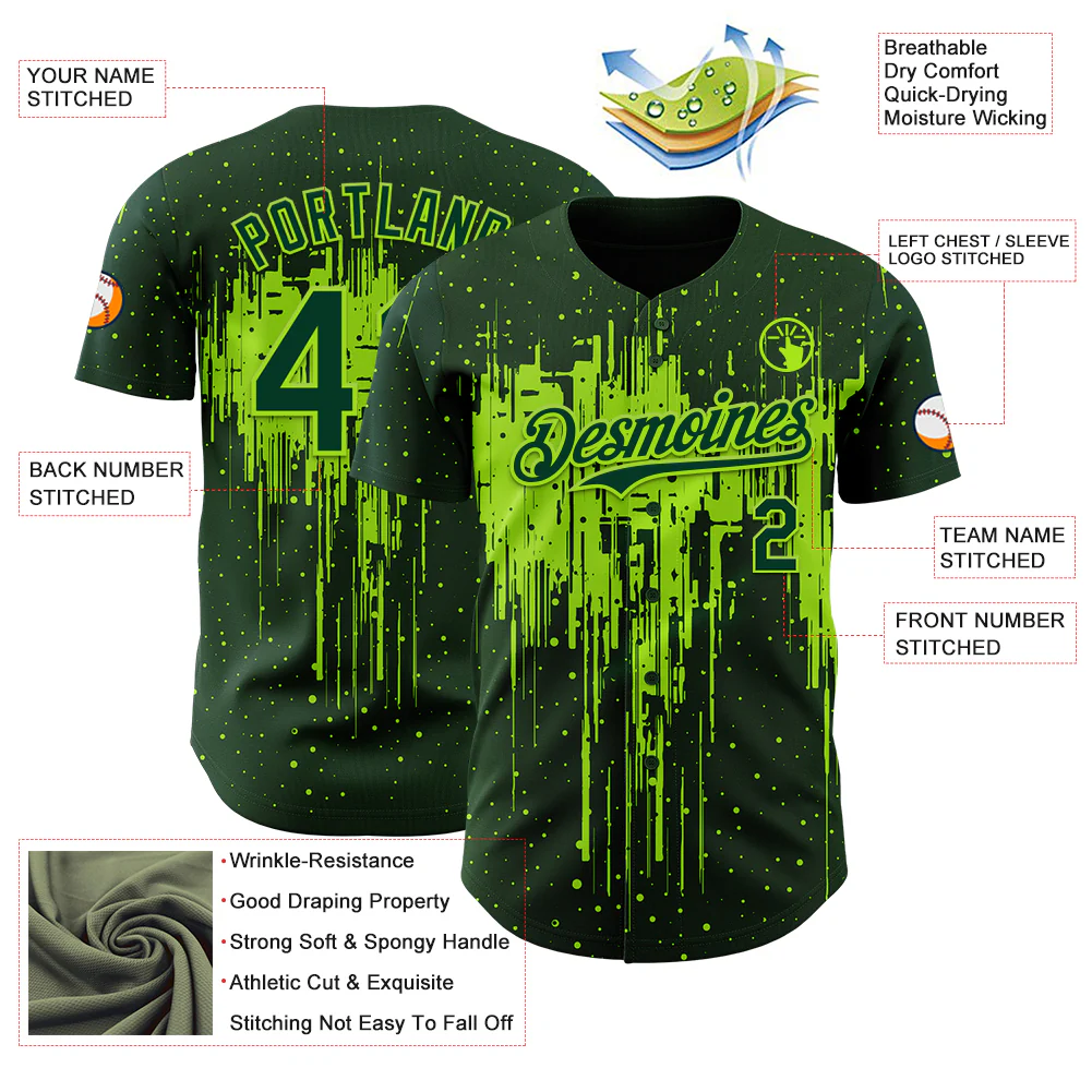 Custom Green Neon Green Dripping Splatter Paint Authentic Baseball Jersey - Image 3