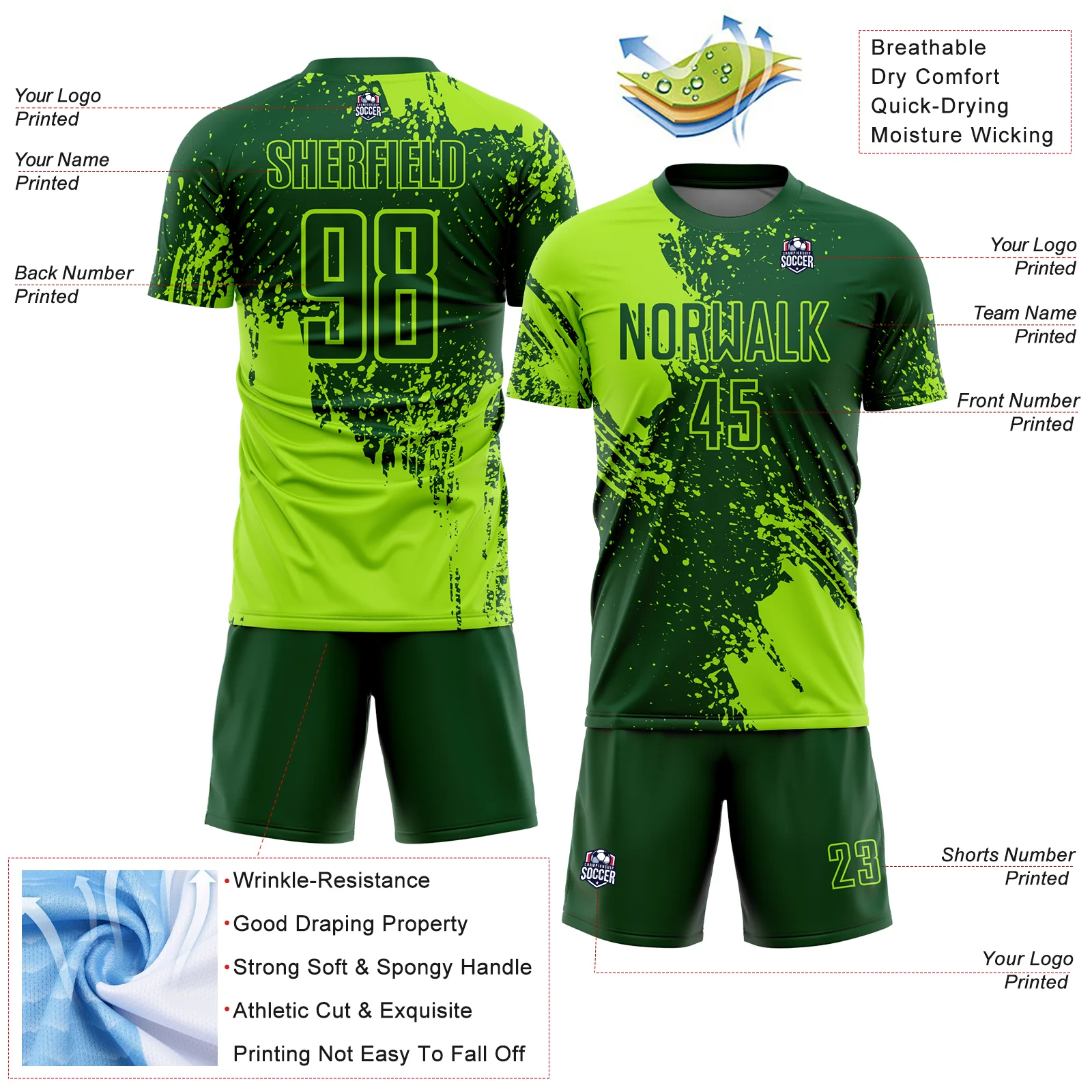 Custom Green Neon Green Abstract Brush Stroke Sports Sublimation Soccer Uniform Jersey - Image 4