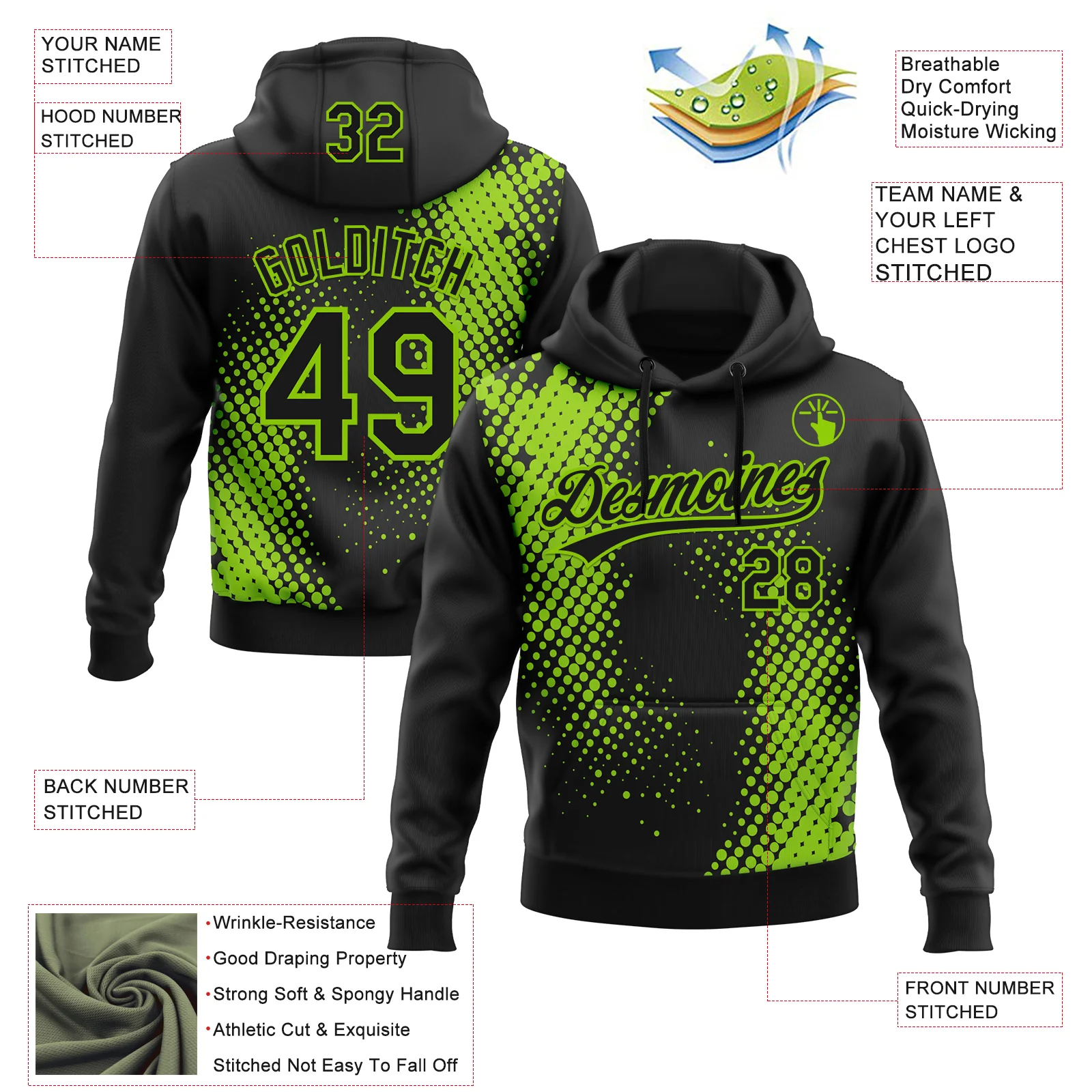 Custom Stitched Black Black-Neon Green 3D Pattern Design Geometrico Graph Sports Pullover Sweatshirt Hoodie - Image 2