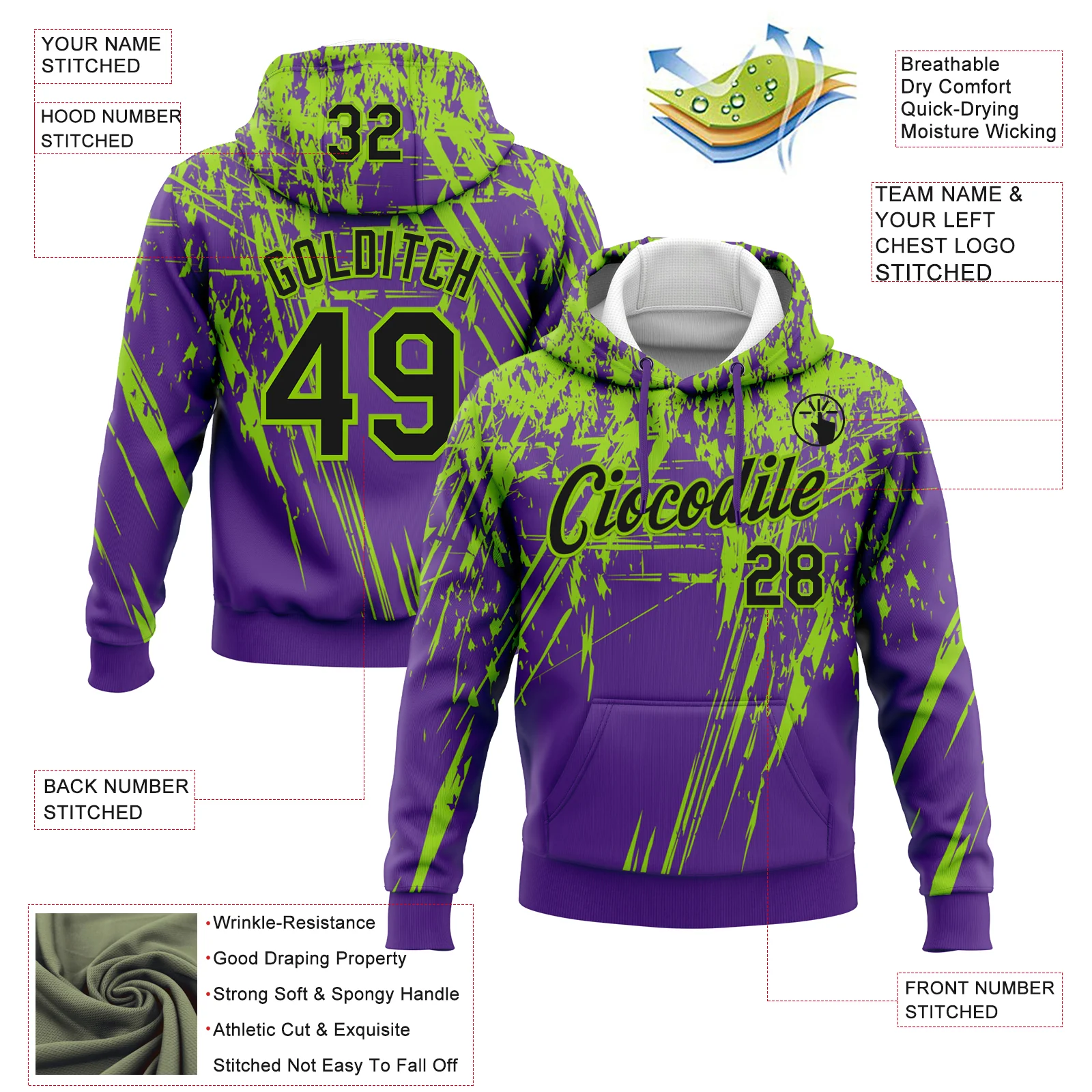 Custom Stitched Purple Black-Neon Green 3D Pattern Design Splash Grunge Art Sports Pullover Sweatshirt Hoodie - Image 2