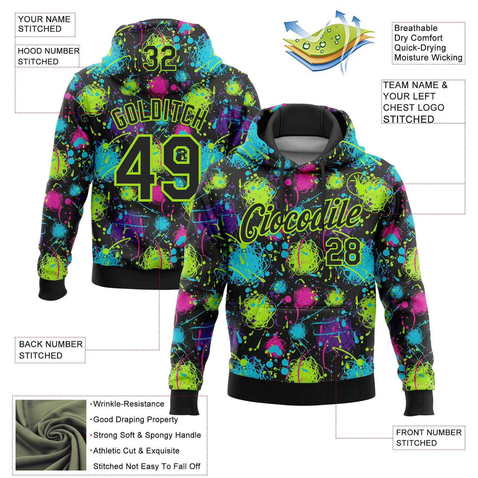 Custom Stitched Graffiti Pattern Black-Neon Green 3D Splash Grunge Art Sports Pullover Sweatshirt Hoodie - Image 2