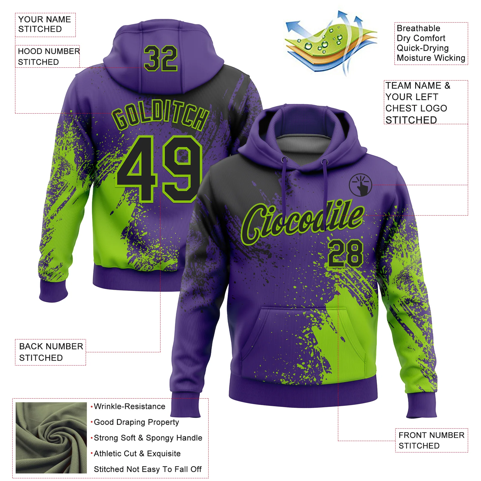 Custom Stitched Purple Black-Neon Green 3D Pattern Design Abstract Brush Stroke Sports Pullover Sweatshirt Hoodie - Image 2