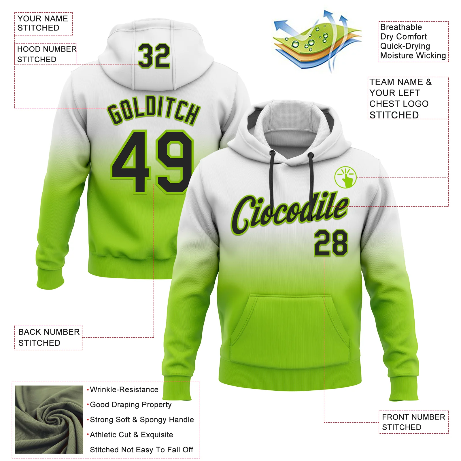 Custom Stitched White Black-Neon Green Fade Fashion Sports Pullover Sweatshirt Hoodie - Image 2