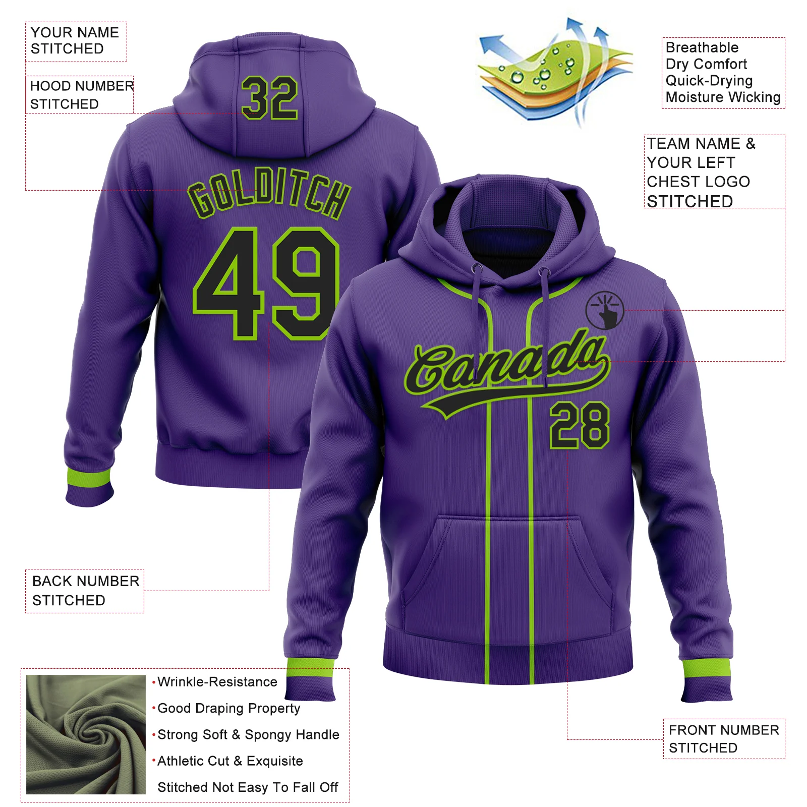 Custom Stitched Purple Black-Neon Green Baseball Pullover Sweatshirt Hoodie - Image 2