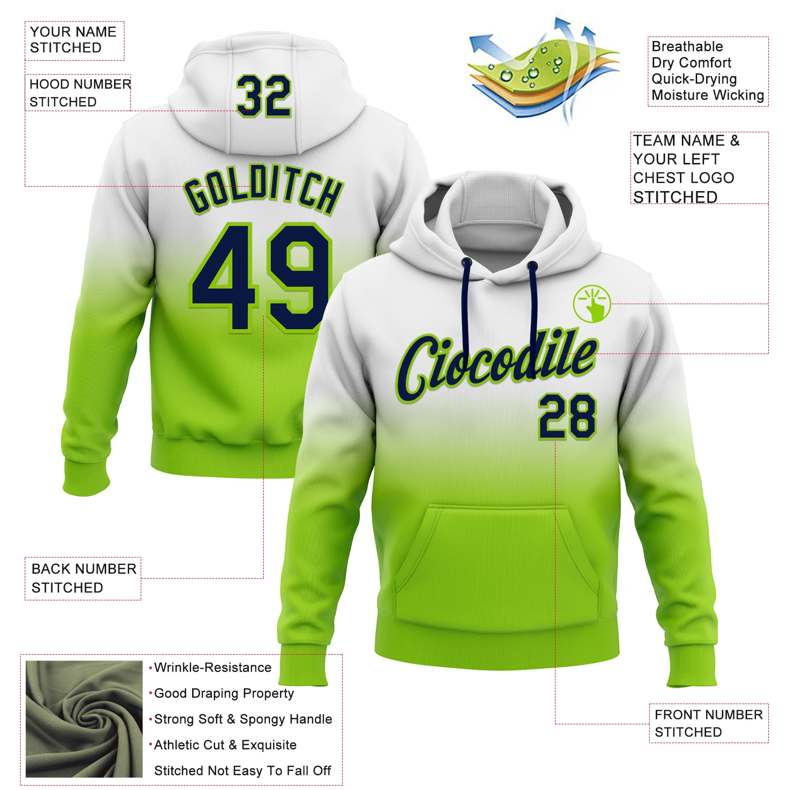 Custom Stitched White Navy-Neon Green Fade Fashion Sports Pullover Sweatshirt Hoodie - Image 2