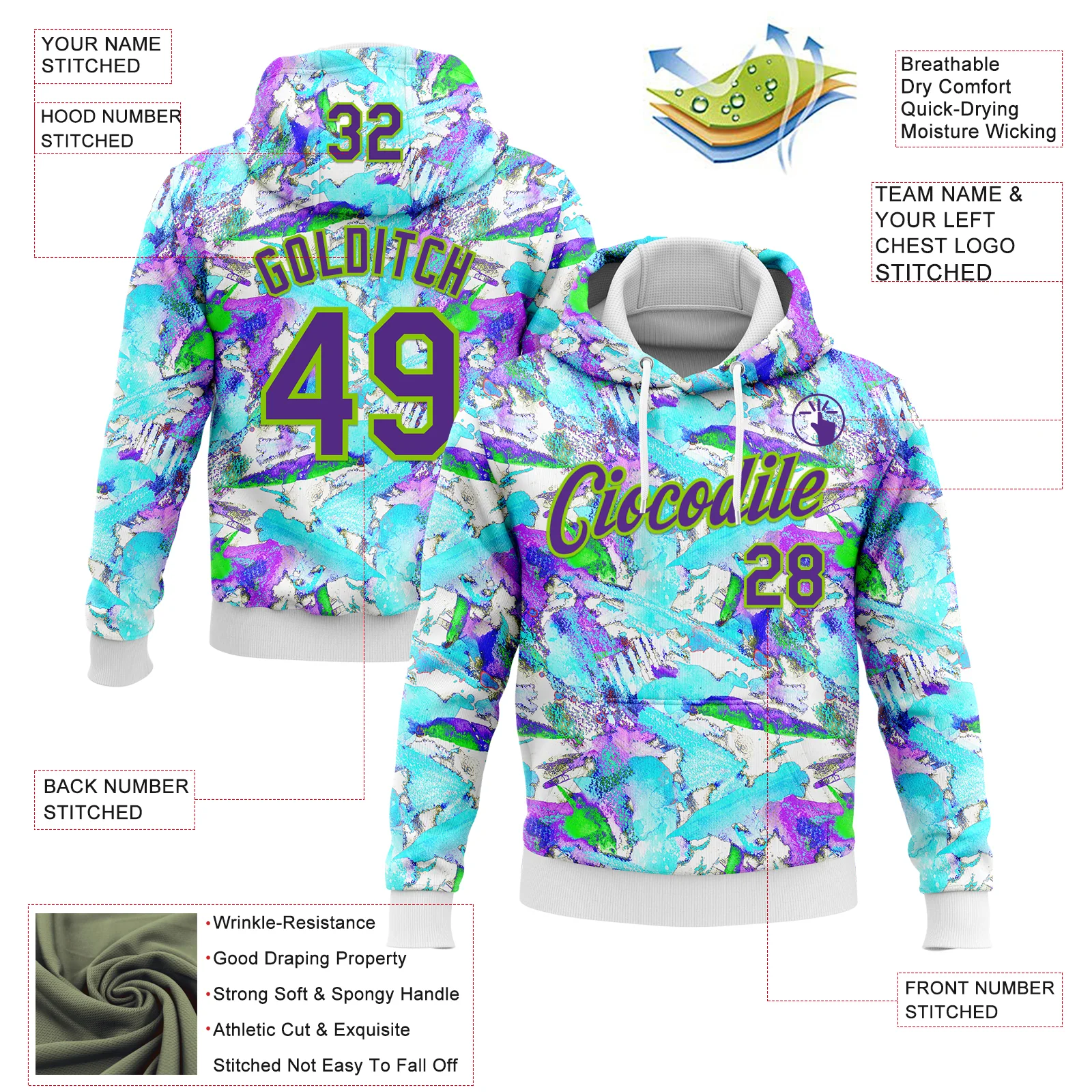 Custom Stitched Graffiti Pattern Purple-Neon Green 3D Watercolor Grunge Art Sports Pullover Sweatshirt Hoodie - Image 2