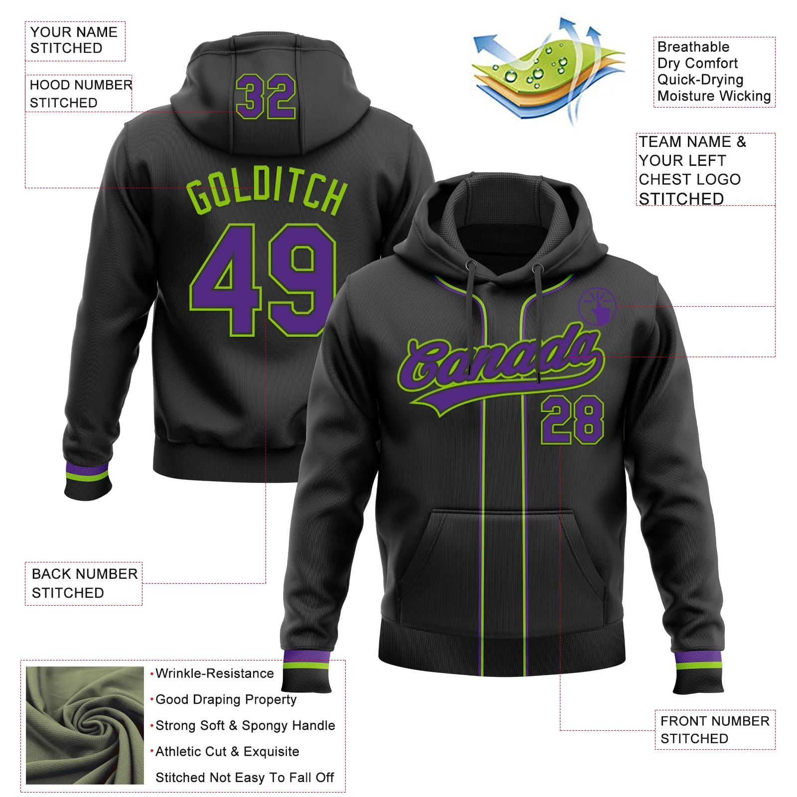 Custom Stitched Black Purple-Neon Green Baseball Pullover Sweatshirt Hoodie - Image 2