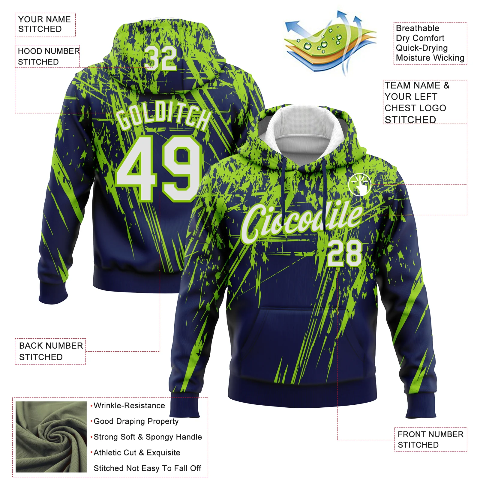 Custom Stitched Navy White-Neon Green 3D Pattern Design Splash Grunge Art Sports Pullover Sweatshirt Hoodie - Image 2
