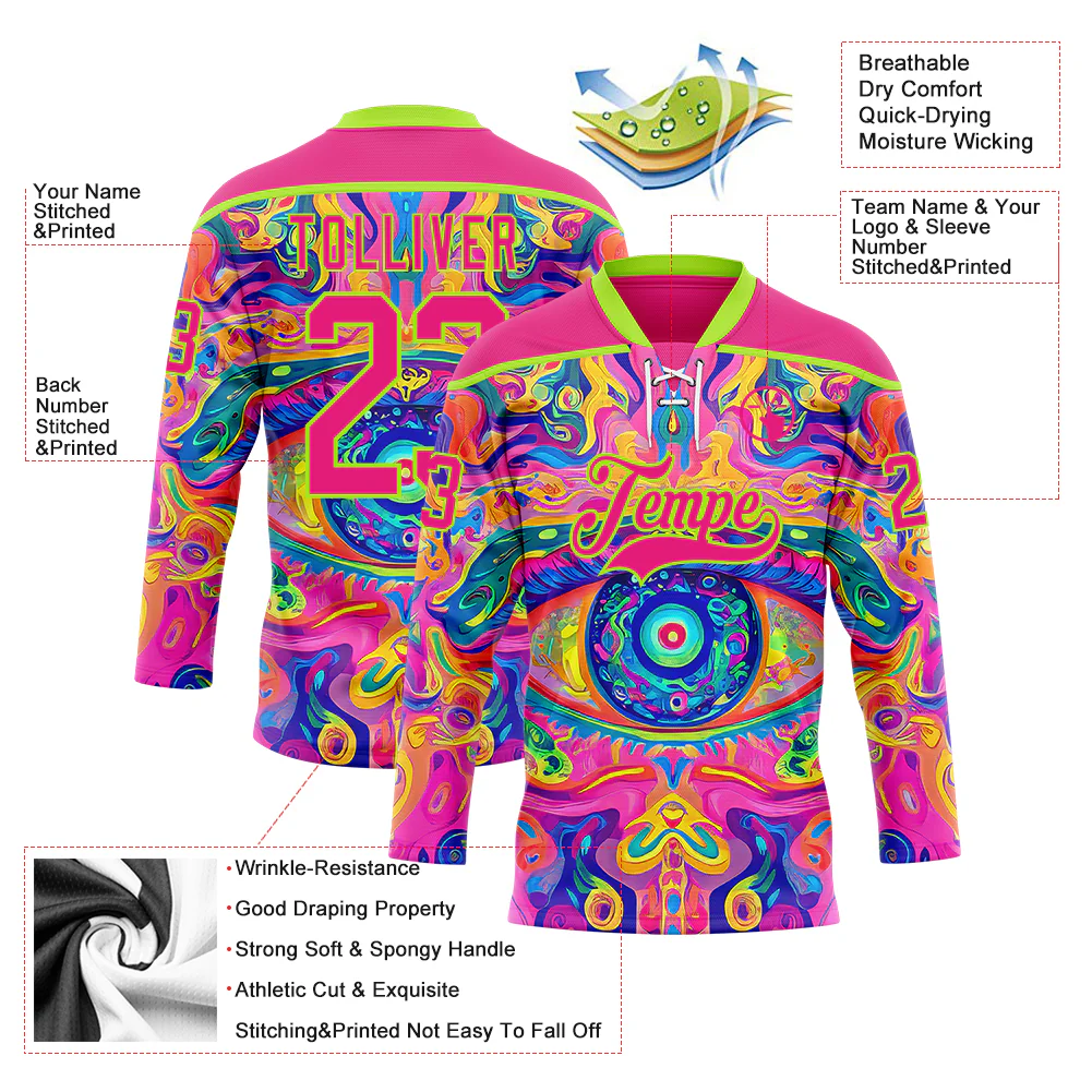 Custom Hot Pink Neon Green Yellow-Blue Trippy Psychedelic Neon Hockey Lace Neck Jersey - Image 5