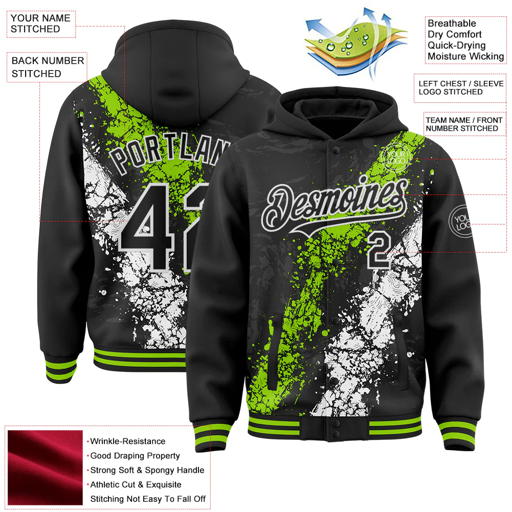 Custom Black Neon Green-White Splash Art 3D Pattern Design Bomber Full-Snap Varsity Letterman Hoodie Jacket - Image 4