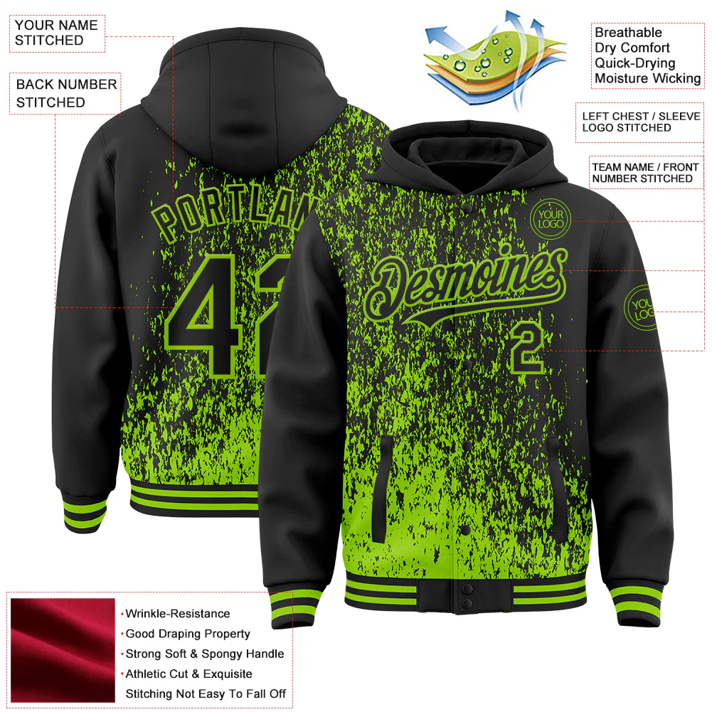 Custom Black Black-Neon Green Abstract Fragment Art 3D Pattern Design Bomber Full-Snap Varsity Letterman Hoodie Jacket - Image 4