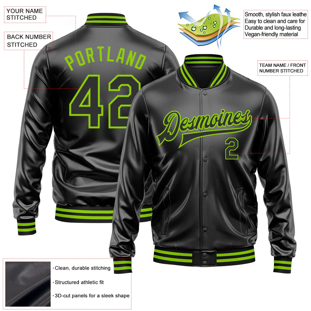 Custom Black Black-Neon Green Bomber Full-Snap Varsity Faux Leather Letterman Jacket - Image 2
