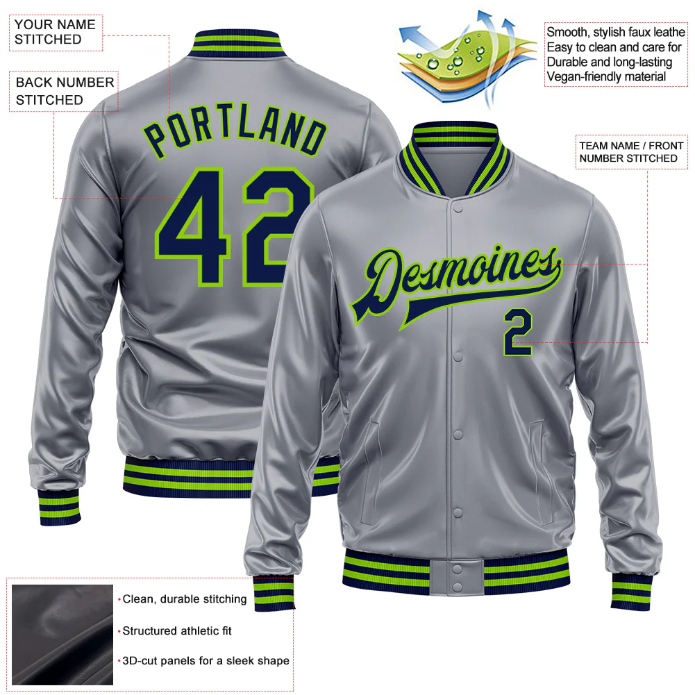 Custom Gray Navy-Neon Green Bomber Full-Snap Varsity Faux Leather Letterman Jacket - Image 2