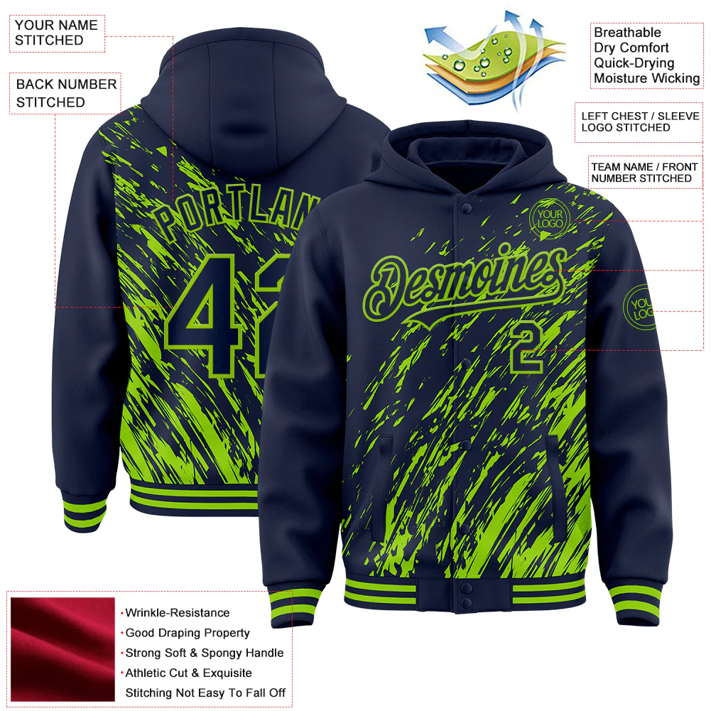 Custom Navy Navy-Neon Green 3D Pattern Design Bomber Full-Snap Varsity Letterman Hoodie Jacket - Image 4