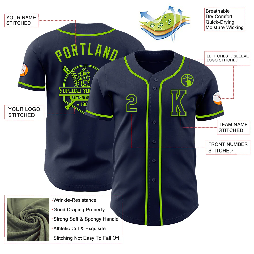 Custom Navy Neon Green Authentic Baseball Jersey - Image 6