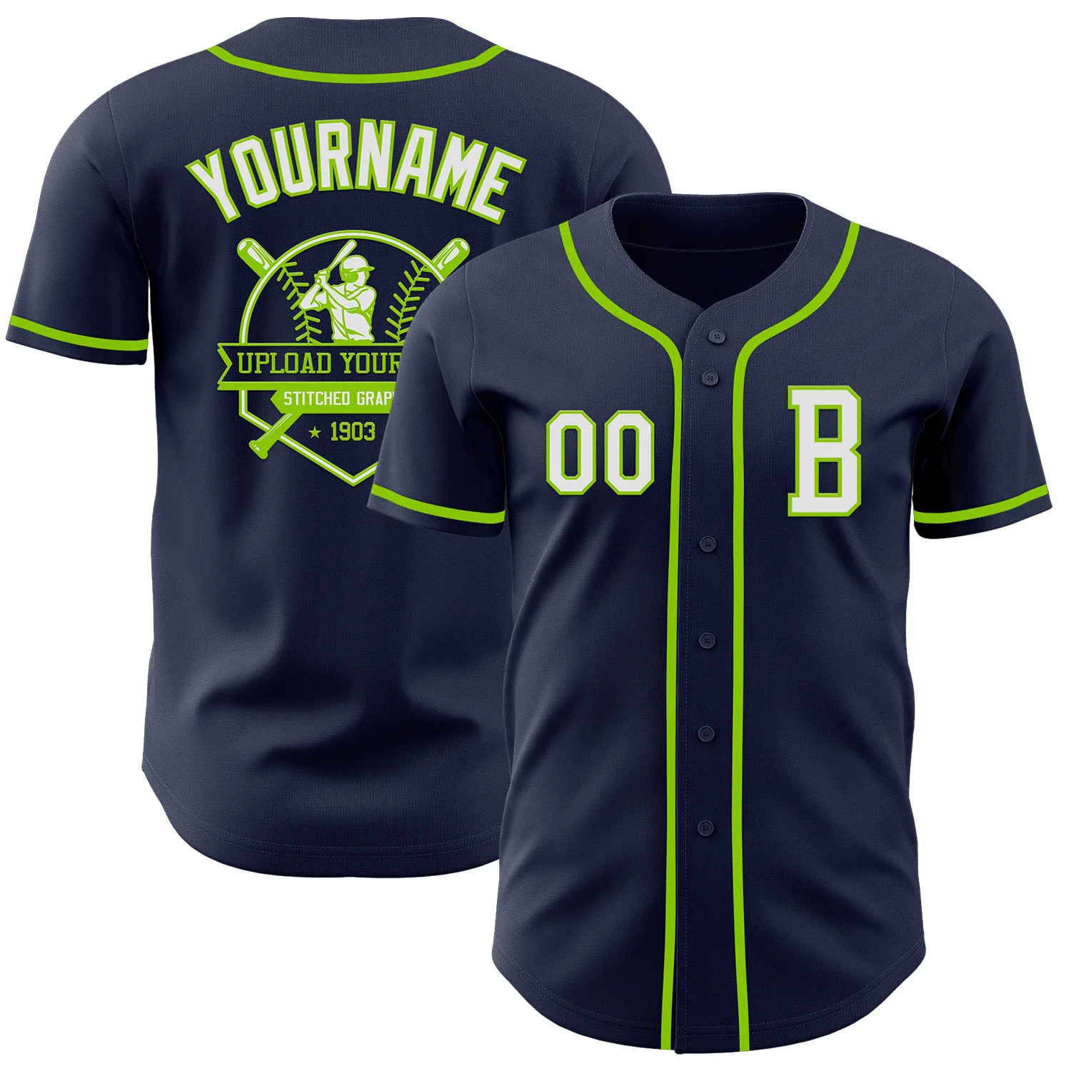 Custom Navy White-Neon Green Authentic Baseball Jersey - Image 5