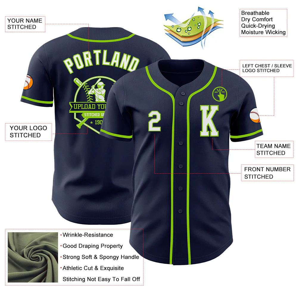 Custom Navy White-Neon Green Authentic Baseball Jersey - Image 6