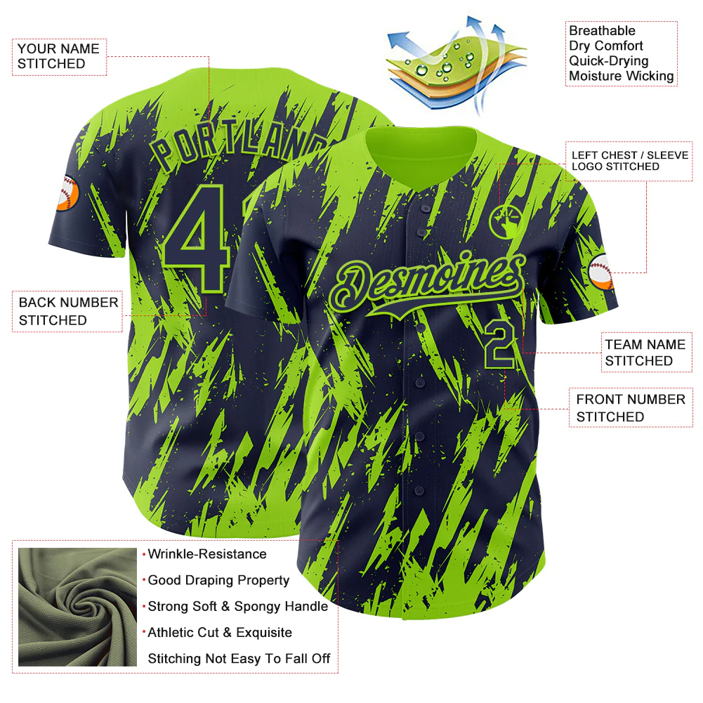Custom Navy Neon Green Splatter Torn Sharp Brush Stroke Authentic Baseball Jersey - Image 3