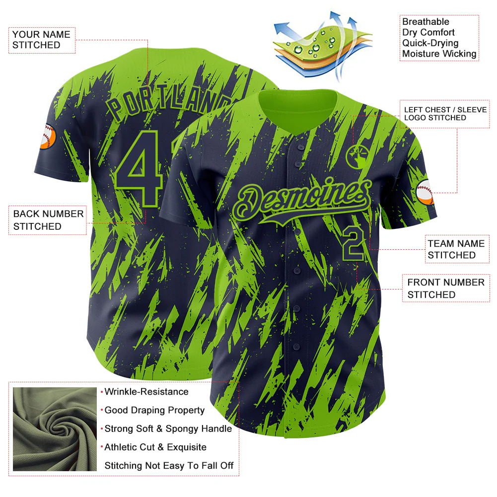 Custom Navy Neon Green Splatter Torn Sharp Brush Stroke Authentic Baseball Jersey - Image 3