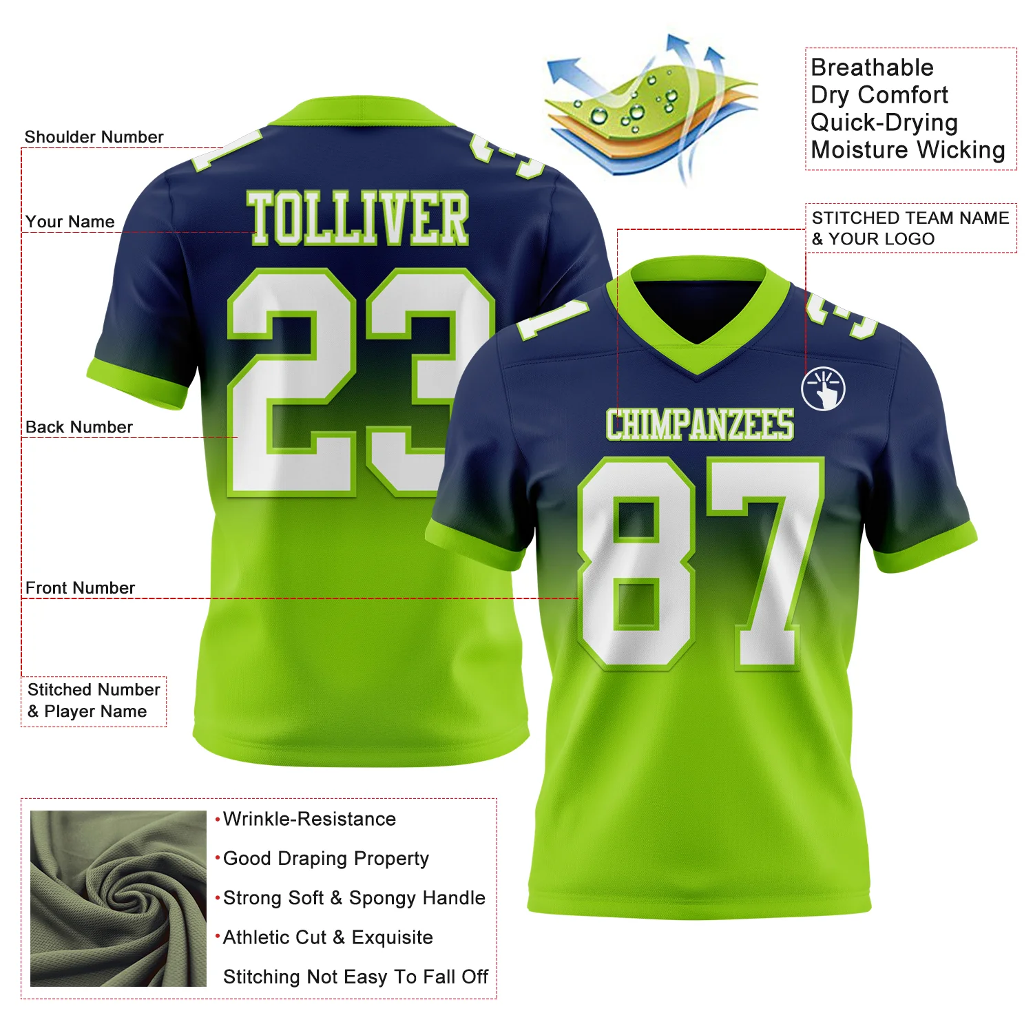Custom Navy White-Neon Green Authentic Fade Fashion Football Jersey - Image 2