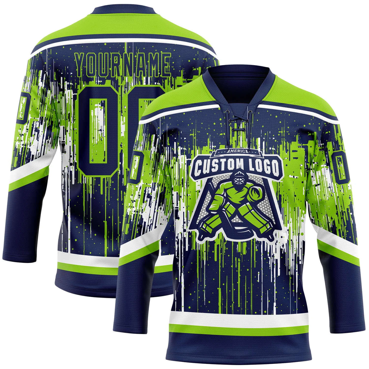 Custom Navy Neon Green-White Dripping Splatter Pattern Hockey Lace Neck Jersey - Image 2