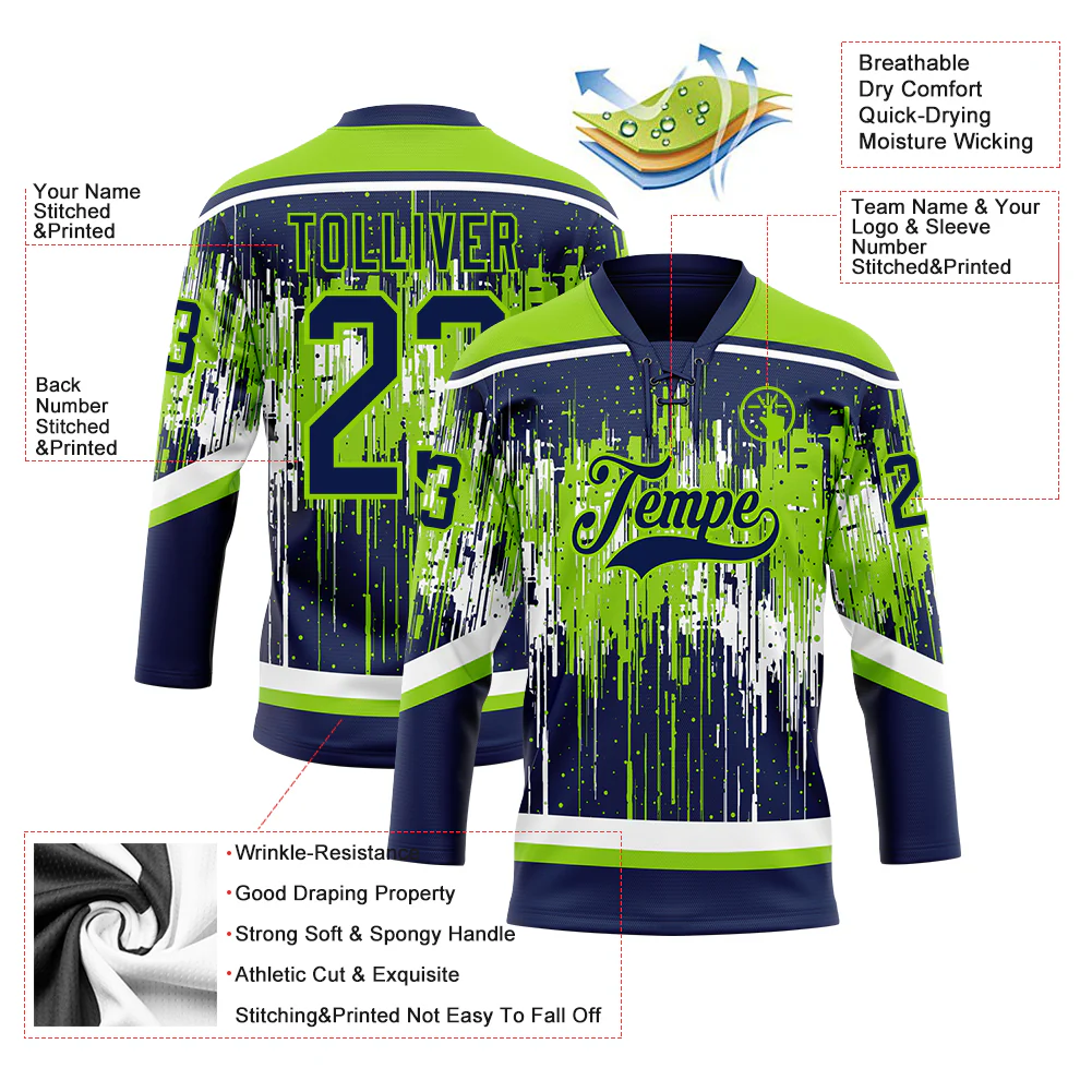 Custom Navy Neon Green-White Dripping Splatter Pattern Hockey Lace Neck Jersey - Image 5
