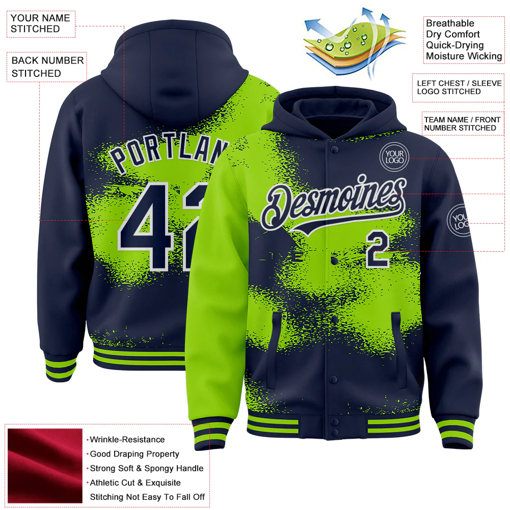 Custom Navy Neon Green-White Abstract Color Blocks Fragment Pattern Bomber Full-Snap Varsity Letterman Hoodie Jacket - Image 4
